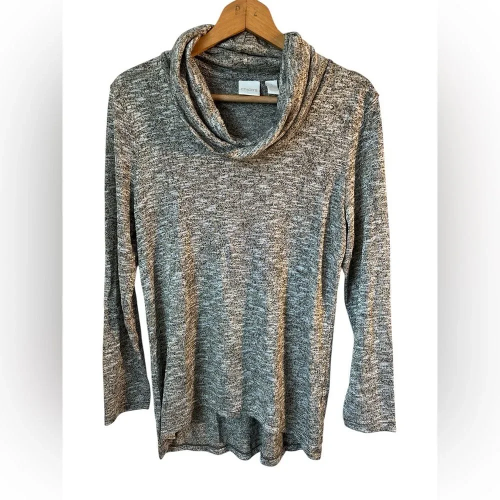 Chico's Cowl Neck Sweater size 1 Medium Gray Gold Metallic Holiday career